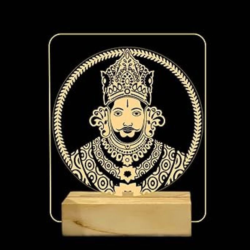 3D Illusion Khatu Shyam Ji Night Lamp with Warm White Color Home & Temple Decor Light Wooden Base